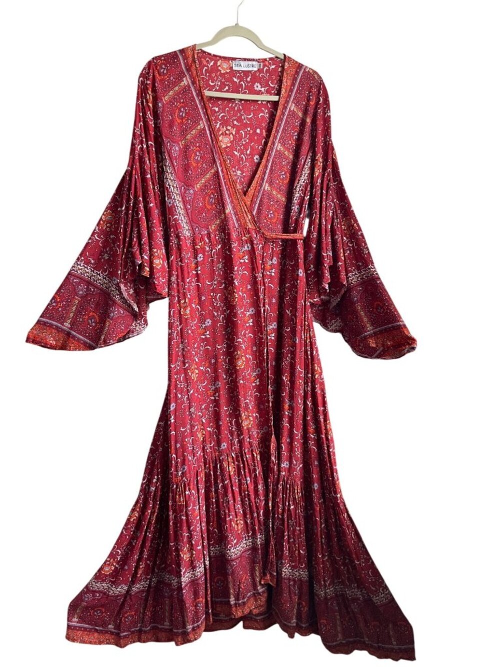 Sea Lustre Boho Maxi Wrap Dress Bell Flowy Sleeves Floral Paisley Handmade - Picture 2 of 11